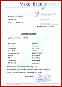 Herkunftsnachweis unserer Fleisch-Rohstoffe, Fleischerei Wieseke, Frankfurt Schwanheim - Fleisch, Wurst, Partyservice und Catering